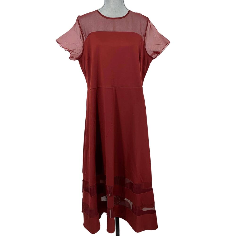 Roamans Womens Plus Size 16W Organza Trim Red Fit and Flare Midi Dress Illusion